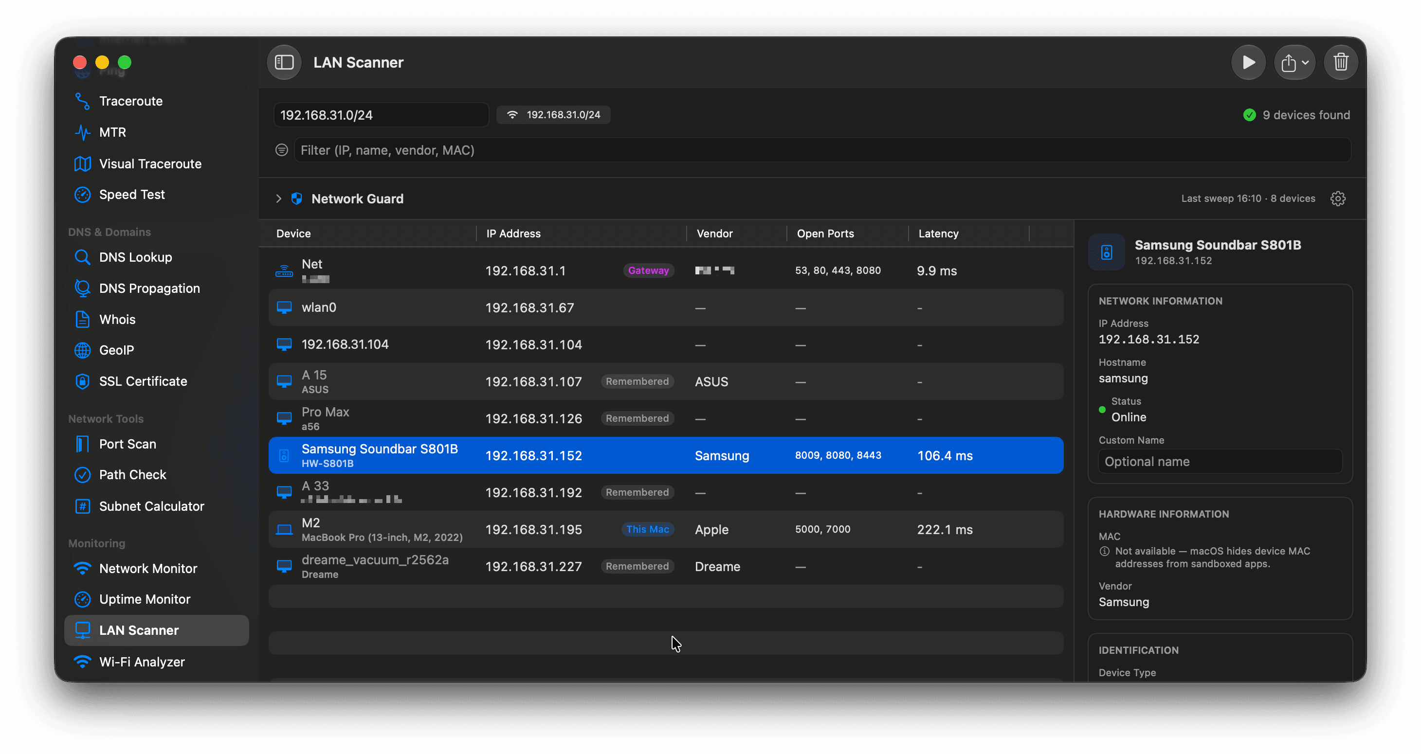 Netutilus LAN Scanner listing discovered devices with IP, vendor, open ports and latency